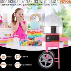 VEVOR Electric Cotton Candy Machine Cart with Bubble Cover Shield, 1000W Commercial Floss Maker with Stainless Steel Bowl, Sugar Scoop and Drawer, Perfect for Home, Kids Birthday, Family Party, Pink