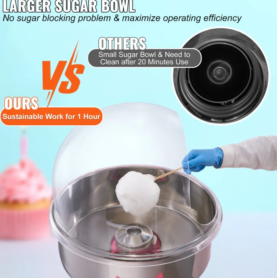 VEVOR Electric Cotton Candy Machine Cart with Bubble Cover Shield, 1000W Commercial Floss Maker with Stainless Steel Bowl, Sugar Scoop and Drawer, Perfect for Home, Kids Birthday, Family Party, Pink