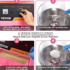 VEVOR Electric Cotton Candy Machine Cart with Bubble Cover Shield, 1000W Commercial Floss Maker with Stainless Steel Bowl, Sugar Scoop and Drawer, Perfect for Home, Kids Birthday, Family Party, Pink