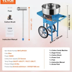 VEVOR Electric Cotton Candy Machine with Cart, 1000W Commercial Candy Floss Maker with Stainless Steel Bowl, Sugar Scoop and Drawer, Perfect for Home, Kids Birthday, Family Party, Blue