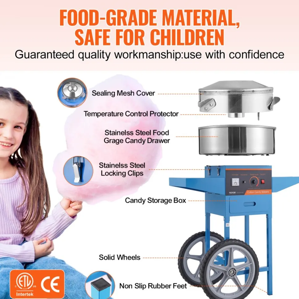 VEVOR Electric Cotton Candy Machine with Cart, 1000W Commercial Candy Floss Maker with Stainless Steel Bowl, Sugar Scoop and Drawer, Perfect for Home, Kids Birthday, Family Party, Blue