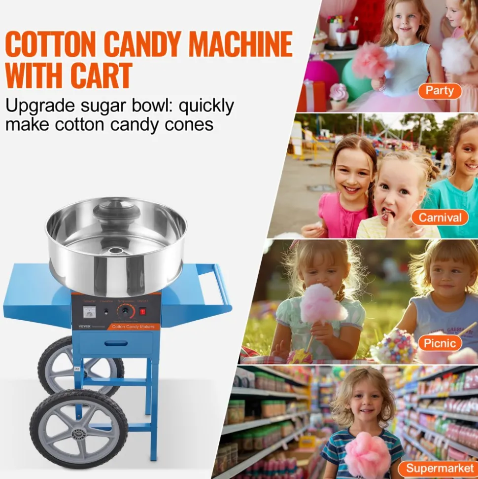 VEVOR Electric Cotton Candy Machine with Cart, 1000W Commercial Candy Floss Maker with Stainless Steel Bowl, Sugar Scoop and Drawer, Perfect for Home, Kids Birthday, Family Party, Blue