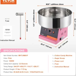 VEVOR Electric Cotton Candy Machine, 1000W Candy Floss Maker, Commercial Cotton Candy Machine with Stainless Steel Bowl, and Sugar Scoop, Perfect for Home Kids Birthday, Family Party (Pink)