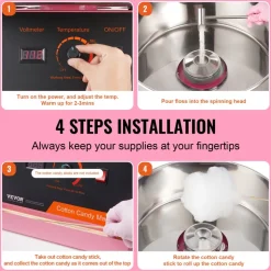 VEVOR Electric Cotton Candy Machine, 1000W Candy Floss Maker, Commercial Cotton Candy Machine with Stainless Steel Bowl, and Sugar Scoop, Perfect for Home Kids Birthday, Family Party (Pink)