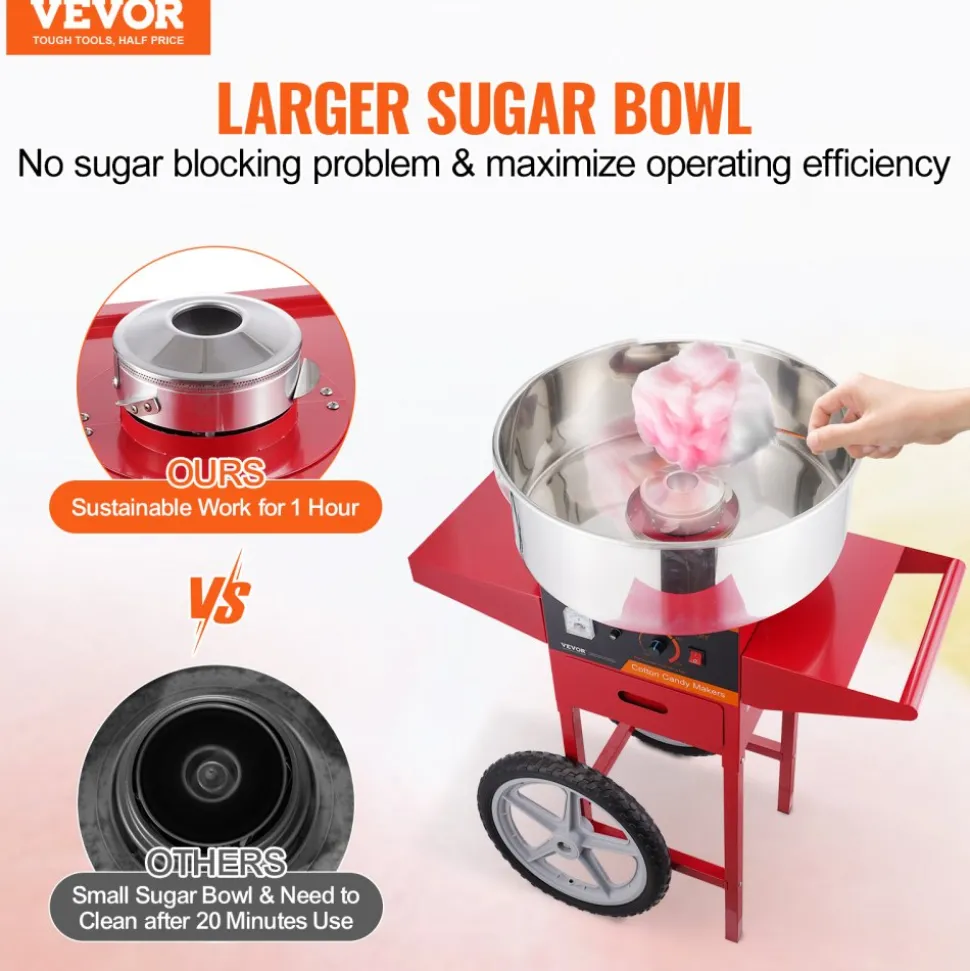 VEVOR Electric Cotton Candy Machine with Cart, 1000W Commercial Candy Floss Maker with Stainless Steel Bowl, Sugar Scoop and Drawer, Perfect for Home, Kids Birthday, Family Party, Red