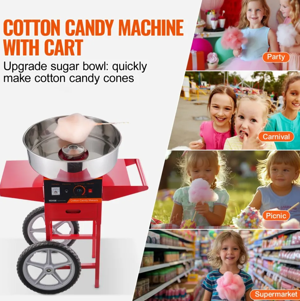 VEVOR Electric Cotton Candy Machine with Cart, 1000W Commercial Candy Floss Maker with Stainless Steel Bowl, Sugar Scoop and Drawer, Perfect for Home, Kids Birthday, Family Party, Red