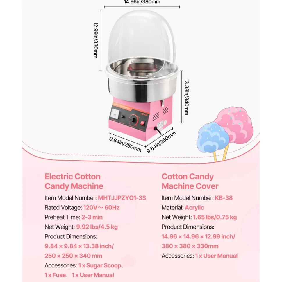 VEVOR Electric Cotton Candy Machine, 1000W Commercial Floss Maker With Cover, Commercial Cotton Candy Machine w/Stainless Steel Bowl & Sugar Scoop, Ideal for Carnival, Birthday, Family Party, Pink