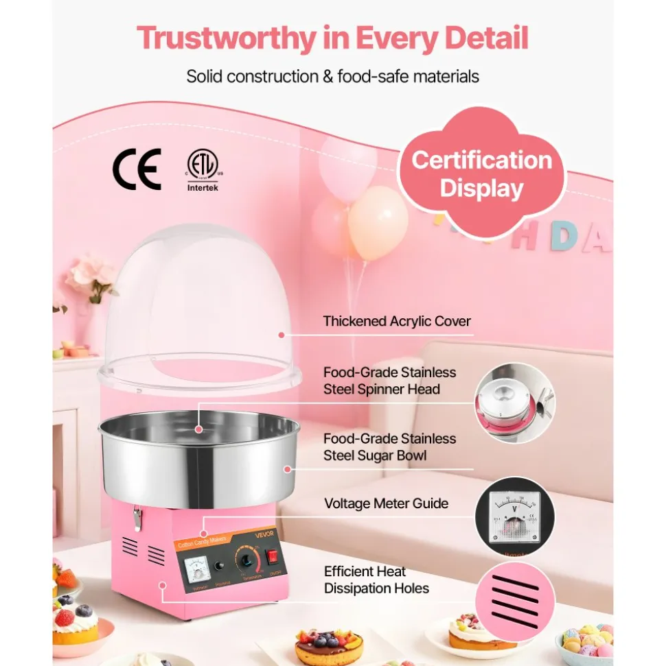 VEVOR Electric Cotton Candy Machine, 1000W Commercial Floss Maker With Cover, Commercial Cotton Candy Machine w/Stainless Steel Bowl & Sugar Scoop, Ideal for Carnival, Birthday, Family Party, Pink