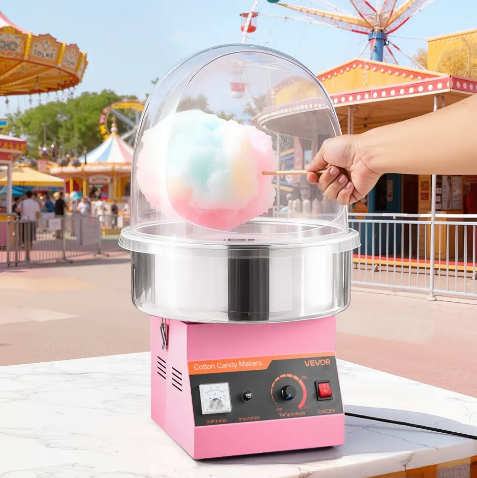 VEVOR Electric Cotton Candy Machine, 1000W Commercial Floss Maker With Cover, Commercial Cotton Candy Machine w/Stainless Steel Bowl & Sugar Scoop, Ideal for Carnival, Birthday, Family Party, Pink