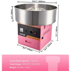 VEVOR Electric Cotton Candy Machine, 1000W Candy Floss Maker, Commercial Cotton Candy Machine with Stainless Steel Bowl, Sugar Scoop, and Drawer, Perfect for Home Kids Birthday, Family Party Pink