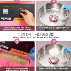 VEVOR Electric Cotton Candy Machine, 1000W Candy Floss Maker, Commercial Cotton Candy Machine with Stainless Steel Bowl, Sugar Scoop, and Drawer, Perfect for Home Kids Birthday, Family Party Pink