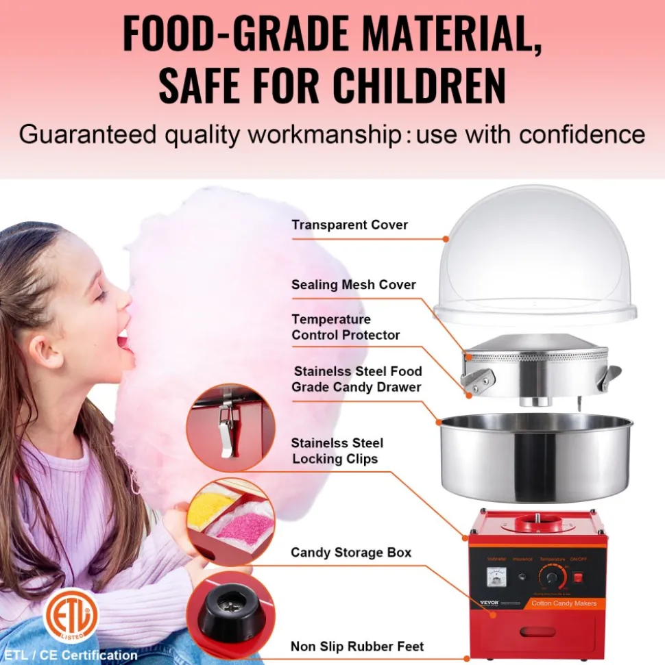 VEVOR Electric Cotton Candy Machine, 1000W Candy Floss Maker, Commercial Cotton Candy Machine with Cover, Stainless Steel Bowl, Sugar Scoop, Drawer, Perfect for Home Kids Birthday, Family Party, Red