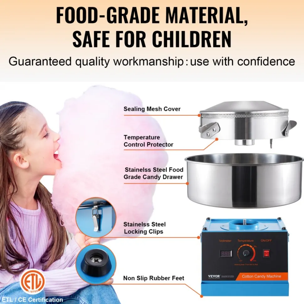 VEVOR Electric Cotton Candy Machine, 1000W Candy Floss Maker, Commercial Cotton Candy Machine with Stainless Steel Bowl, and Sugar Scoop, Perfect for Home Kids Birthday, Family Party (Blue)