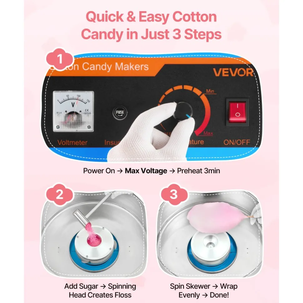 VEVOR Electric Cotton Candy Machine, 1000W Electric Floss Maker With Cover, Commercial Cotton Candy Machine w/Stainless Steel Bowl & Sugar Scoop, Ideal for Home, Carnival, Birthday, Family Party, Blue