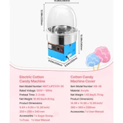 VEVOR Electric Cotton Candy Machine, 1000W Electric Floss Maker With Cover, Commercial Cotton Candy Machine w/Stainless Steel Bowl & Sugar Scoop, Ideal for Home, Carnival, Birthday, Family Party, Blue