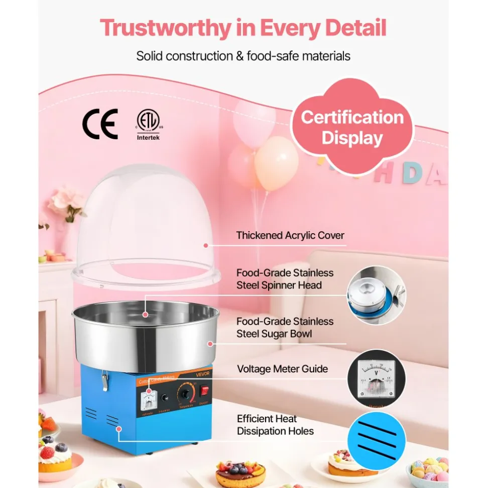 VEVOR Electric Cotton Candy Machine, 1000W Electric Floss Maker With Cover, Commercial Cotton Candy Machine w/Stainless Steel Bowl & Sugar Scoop, Ideal for Home, Carnival, Birthday, Family Party, Blue