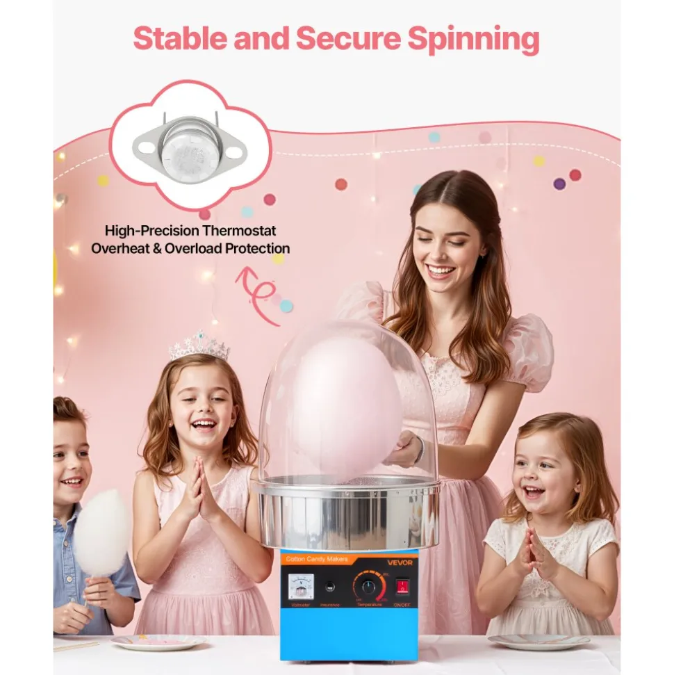 VEVOR Electric Cotton Candy Machine, 1000W Electric Floss Maker With Cover, Commercial Cotton Candy Machine w/Stainless Steel Bowl & Sugar Scoop, Ideal for Home, Carnival, Birthday, Family Party, Blue