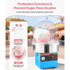 VEVOR Electric Cotton Candy Machine, 1000W Electric Floss Maker With Cover, Commercial Cotton Candy Machine w/Stainless Steel Bowl & Sugar Scoop, Ideal for Home, Carnival, Birthday, Family Party, Blue