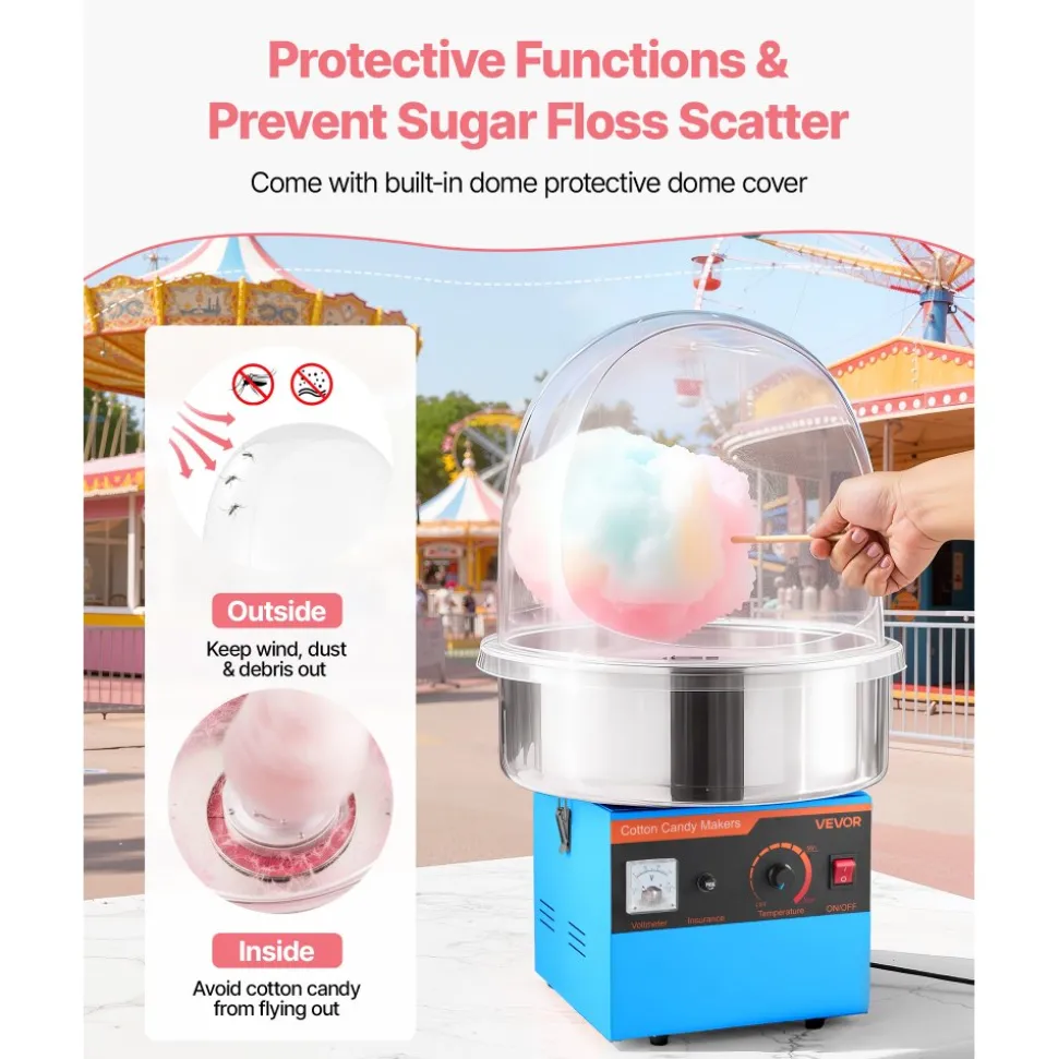 VEVOR Electric Cotton Candy Machine, 1000W Electric Floss Maker With Cover, Commercial Cotton Candy Machine w/Stainless Steel Bowl & Sugar Scoop, Ideal for Home, Carnival, Birthday, Family Party, Blue