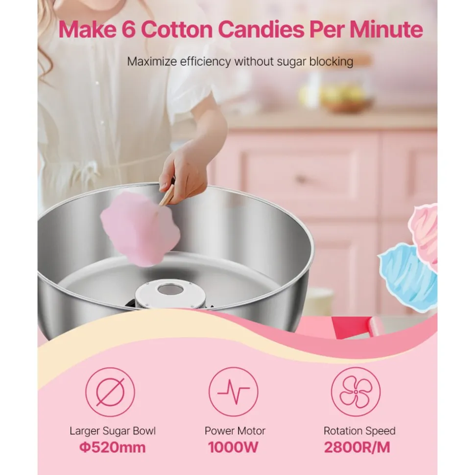VEVOR Electric Cotton Candy Machine with Cart, 1000W Commercial Candy Floss Maker with 20.5 in Stainless Steel Bowl, Sugar Scoop, and Drawer, Easy to Use, for Home, Kids Birthday, Family Party, Pink