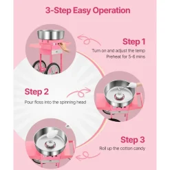 VEVOR Electric Cotton Candy Machine with Cart, 1000W Commercial Candy Floss Maker with 20.5 in Stainless Steel Bowl, Sugar Scoop, and Drawer, Easy to Use, for Home, Kids Birthday, Family Party, Pink