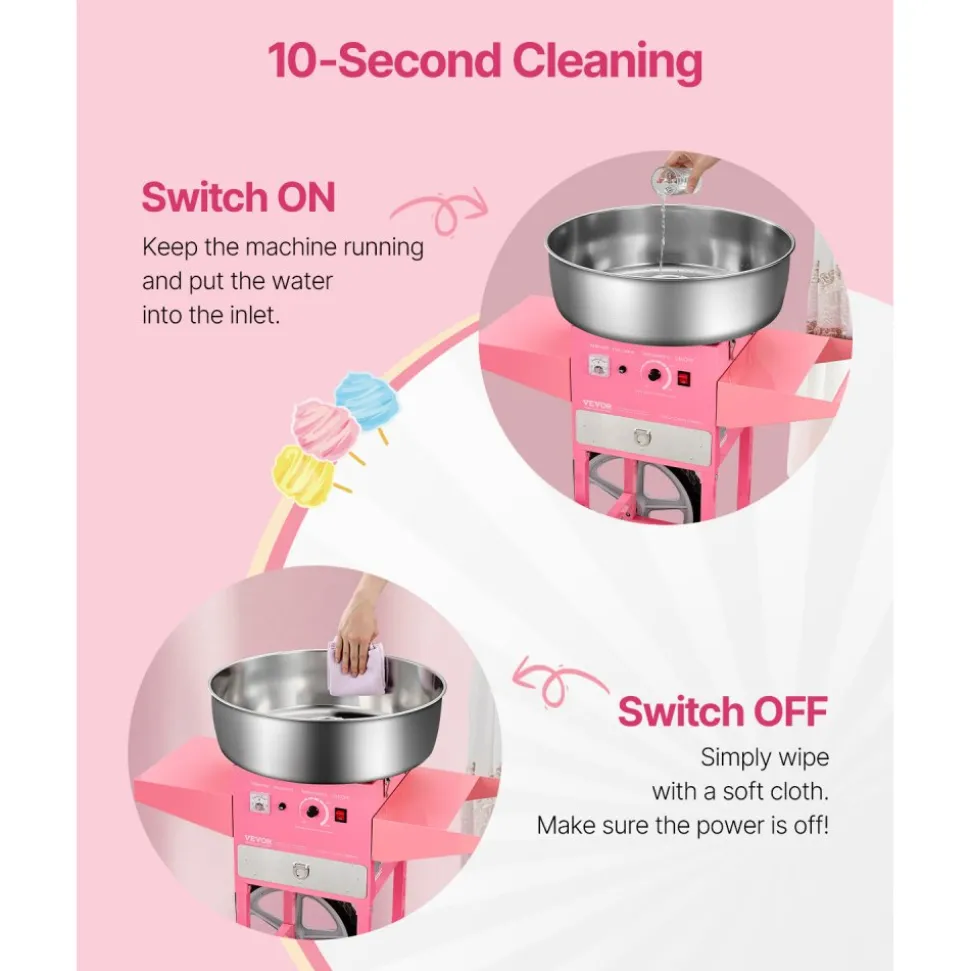 VEVOR Electric Cotton Candy Machine with Cart, 1000W Commercial Candy Floss Maker with 20.5 in Stainless Steel Bowl, Sugar Scoop, and Drawer, Easy to Use, for Home, Kids Birthday, Family Party, Pink