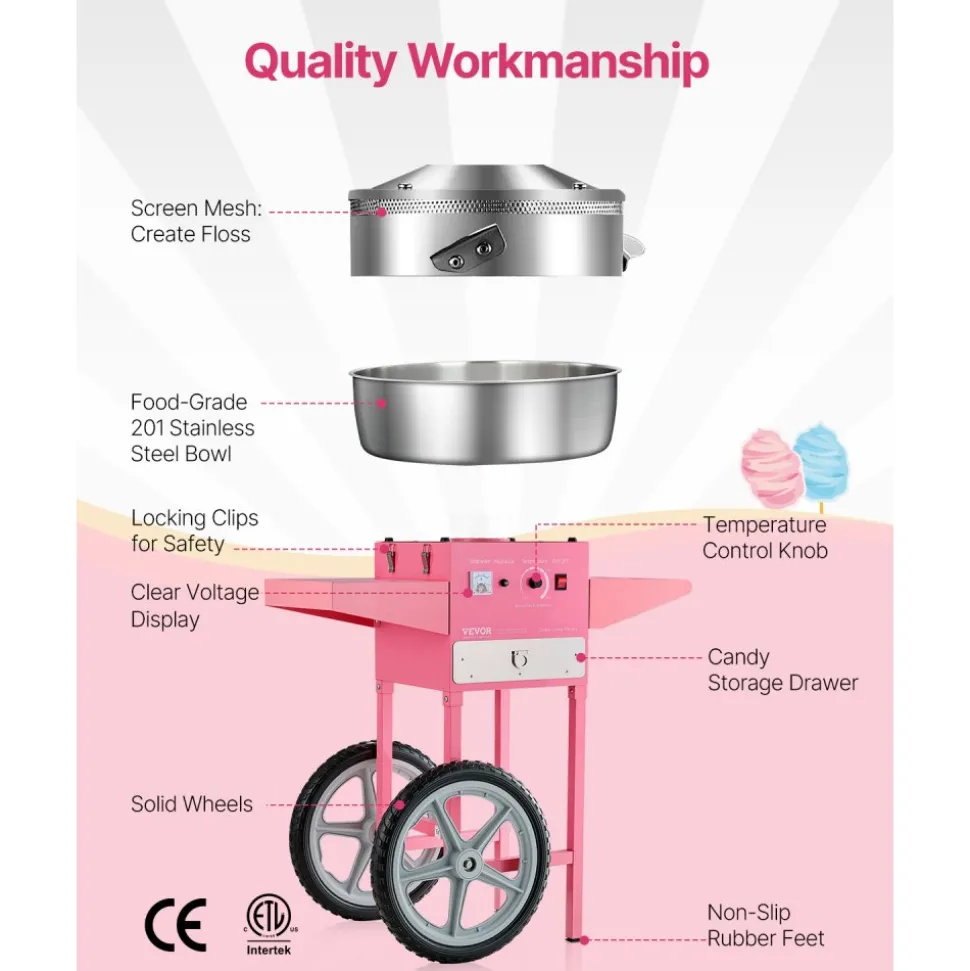 VEVOR Electric Cotton Candy Machine with Cart, 1000W Commercial Candy Floss Maker with 20.5 in Stainless Steel Bowl, Sugar Scoop, and Drawer, Easy to Use, for Home, Kids Birthday, Family Party, Pink