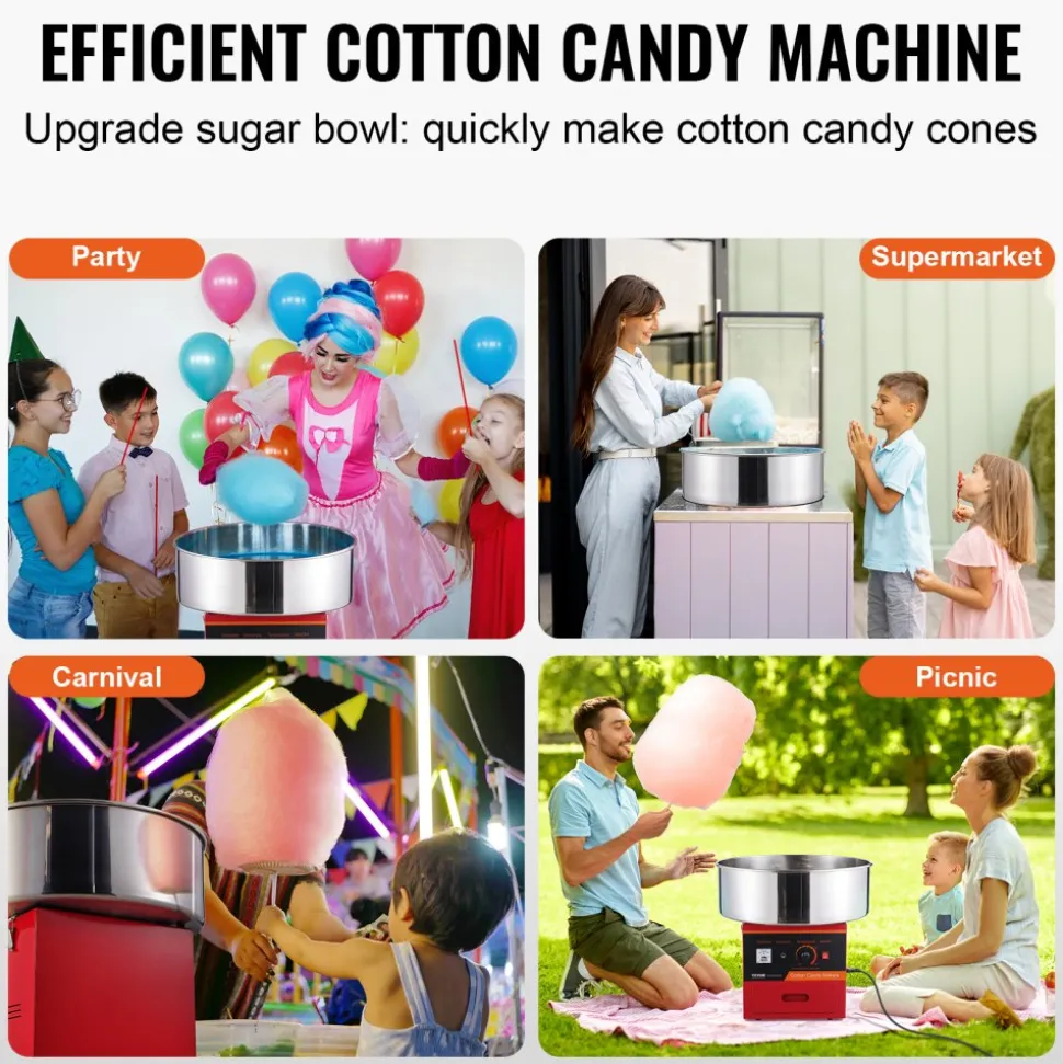 VEVOR Electric Cotton Candy Machine, 1000W Candy Floss Maker, Commercial Cotton Candy Machine with Stainless Steel Bowl, Sugar Scoop, and Drawer, Perfect for Home Kids Birthday, Family Party, Red
