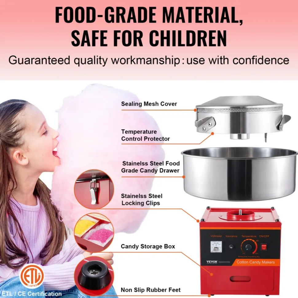 VEVOR Electric Cotton Candy Machine, 1000W Candy Floss Maker, Commercial Cotton Candy Machine with Stainless Steel Bowl, Sugar Scoop, and Drawer, Perfect for Home Kids Birthday, Family Party, Red