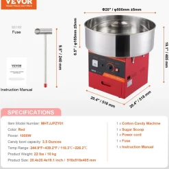 VEVOR Electric Cotton Candy Machine, 1000W Candy Floss Maker, Commercial Cotton Candy Machine with Stainless Steel Bowl, Sugar Scoop, and Drawer, Perfect for Home Kids Birthday, Family Party, Red