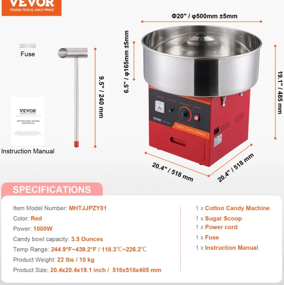 VEVOR Electric Cotton Candy Machine, 1000W Candy Floss Maker, Commercial Cotton Candy Machine with Stainless Steel Bowl, Sugar Scoop, and Drawer, Perfect for Home Kids Birthday, Family Party, Red