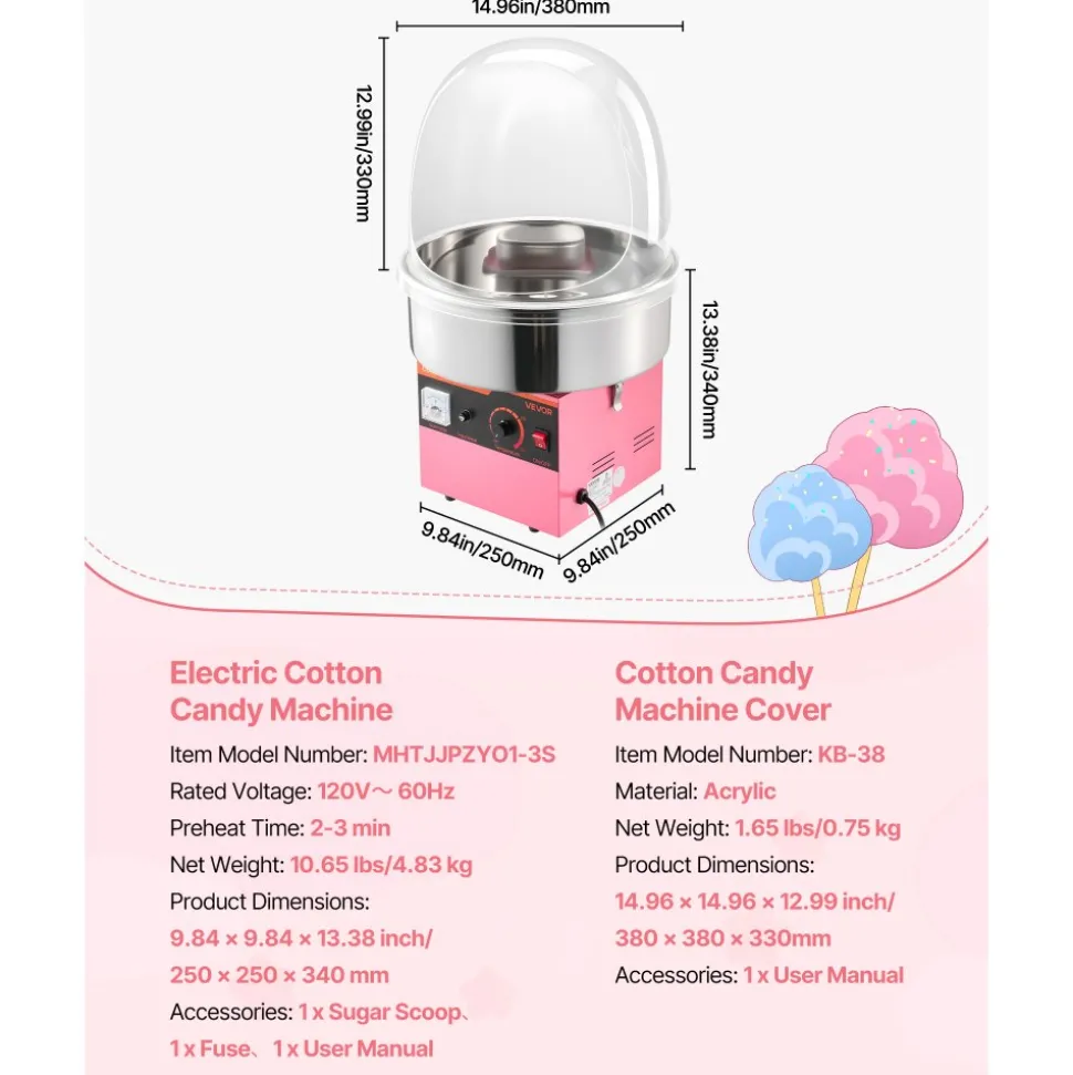 VEVOR Electric Cotton Candy Machine, 1000W Electric Floss Maker With Cover, Commercial Cotton Candy Machine w/Stainless Steel Bowl & Sugar Scoop, Ideal for Home, Carnival, Birthday, Family Party, Pink