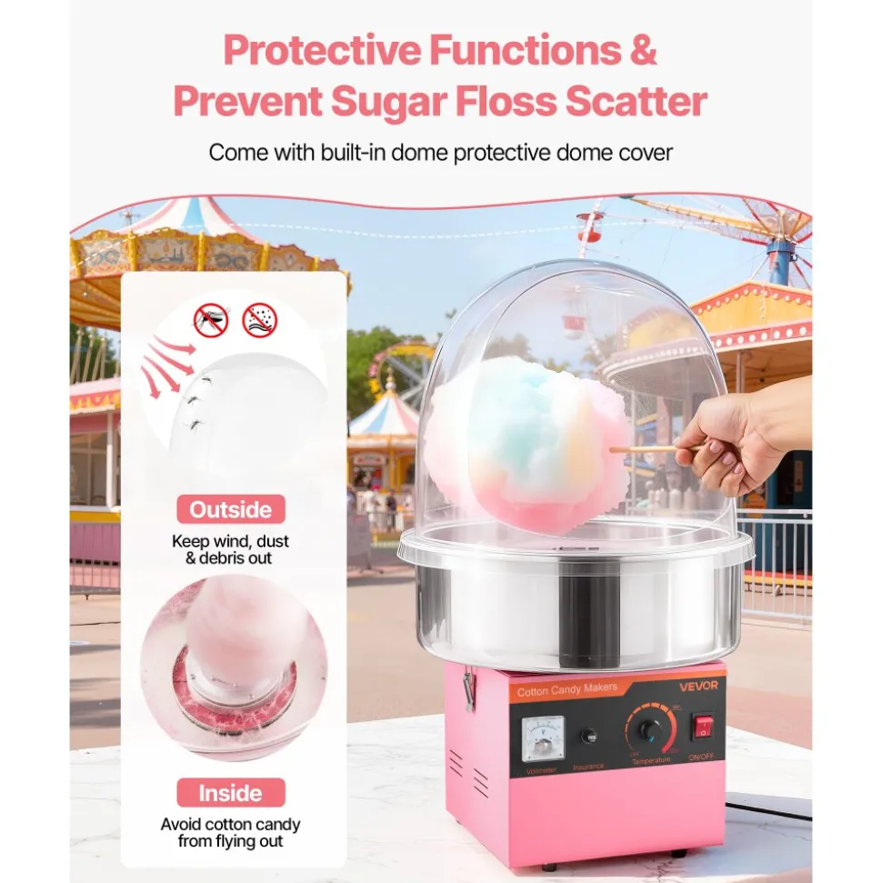 VEVOR Electric Cotton Candy Machine, 1000W Electric Floss Maker With Cover, Commercial Cotton Candy Machine w/Stainless Steel Bowl & Sugar Scoop, Ideal for Home, Carnival, Birthday, Family Party, Pink