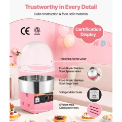 VEVOR Electric Cotton Candy Machine, 1000W Electric Floss Maker With Cover, Commercial Cotton Candy Machine w/Stainless Steel Bowl & Sugar Scoop, Ideal for Home, Carnival, Birthday, Family Party, Pink