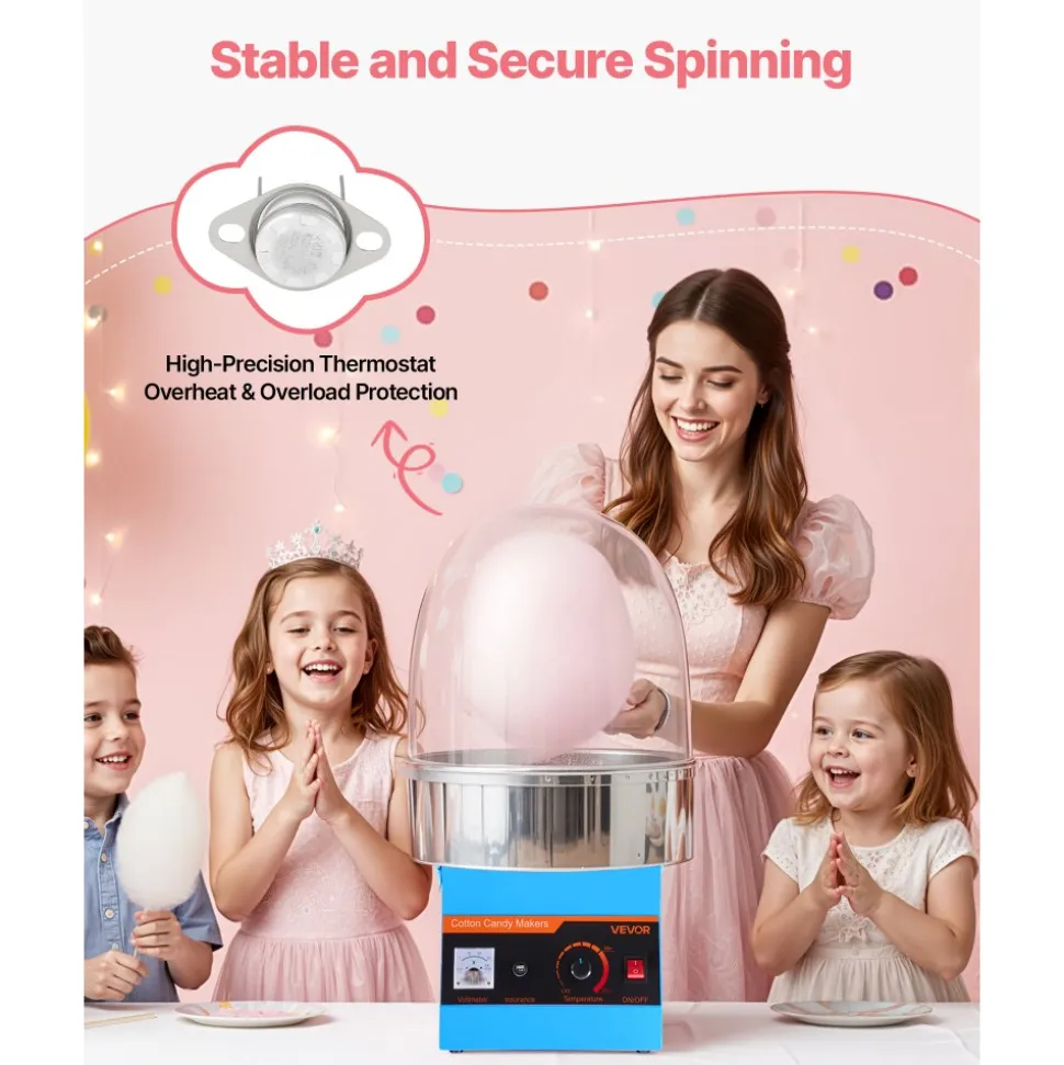 VEVOR Electric Cotton Candy Machine, 1000W Commercial Floss Maker With Cover, Commercial Cotton Candy Machine w/Stainless Steel Bowl & Sugar Scoop, Ideal for Carnival, Birthday, Family Party, Blue