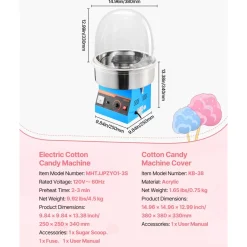 VEVOR Electric Cotton Candy Machine, 1000W Commercial Floss Maker With Cover, Commercial Cotton Candy Machine w/Stainless Steel Bowl & Sugar Scoop, Ideal for Carnival, Birthday, Family Party, Blue