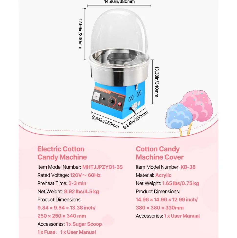 VEVOR Electric Cotton Candy Machine, 1000W Commercial Floss Maker With Cover, Commercial Cotton Candy Machine w/Stainless Steel Bowl & Sugar Scoop, Ideal for Carnival, Birthday, Family Party, Blue