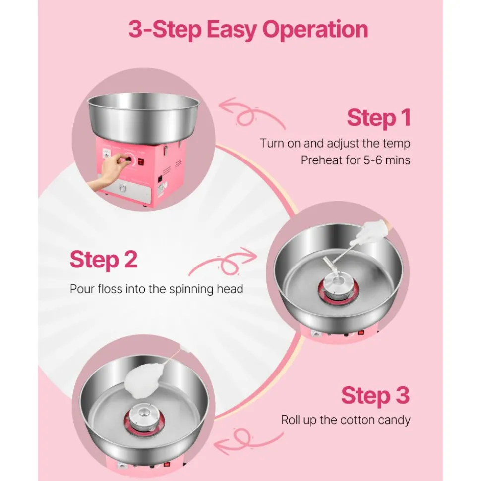 VEVOR Electric Cotton Candy Machine, 1000W Commercial Candy Floss Maker with 20.5 in Stainless Steel Bowl, Sugar Scoop, and Drawer, Easy Home Use, Perfect for Kids Birthday, Family Party, Pink
