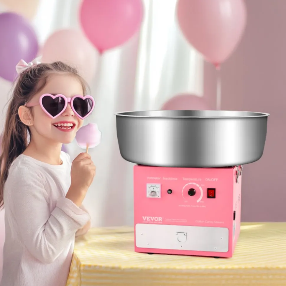 VEVOR Electric Cotton Candy Machine, 1000W Commercial Candy Floss Maker with 20.5 in Stainless Steel Bowl, Sugar Scoop, and Drawer, Easy Home Use, Perfect for Kids Birthday, Family Party, Pink