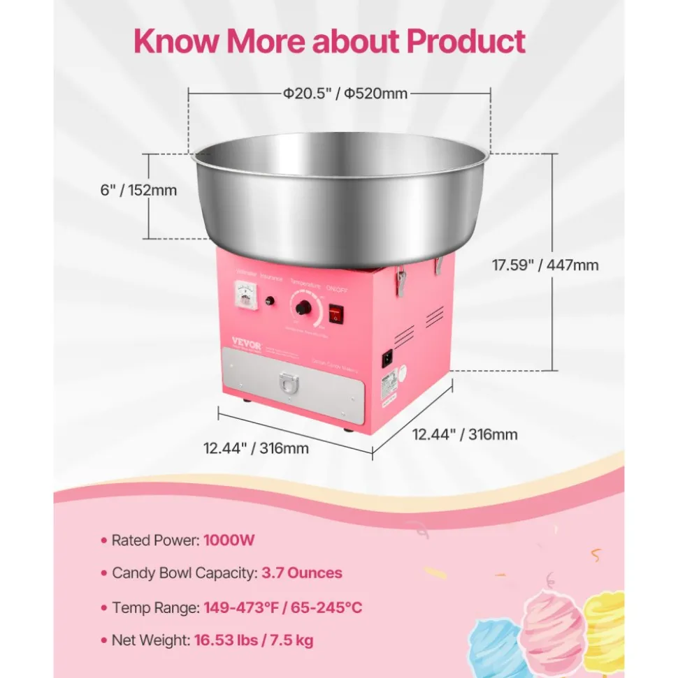 VEVOR Electric Cotton Candy Machine, 1000W Commercial Candy Floss Maker with 20.5 in Stainless Steel Bowl, Sugar Scoop, and Drawer, Easy Home Use, Perfect for Kids Birthday, Family Party, Pink