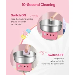 VEVOR Electric Cotton Candy Machine, 1000W Commercial Candy Floss Maker with 20.5 in Stainless Steel Bowl, Sugar Scoop, and Drawer, Easy Home Use, Perfect for Kids Birthday, Family Party, Pink