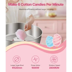 VEVOR Electric Cotton Candy Machine, 1000W Commercial Candy Floss Maker with 20.5 in Stainless Steel Bowl, Sugar Scoop, and Drawer, Easy Home Use, Perfect for Kids Birthday, Family Party, Pink