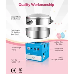 VEVOR Electric Cotton Candy Machine, 1000W Commercial Candy Floss Maker with 20.5 in Stainless Steel Bowl, Sugar Scoop, and Drawer, Easy Home Use, Perfect for Kids Birthday, Family Party, Blue