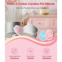 VEVOR Electric Cotton Candy Machine, 1000W Commercial Candy Floss Maker with 20.5 in Stainless Steel Bowl, Sugar Scoop, and Drawer, Easy Home Use, Perfect for Kids Birthday, Family Party, Blue