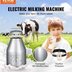 VEVOR Electric Cow Milking Machine, 6.6 Gal / 25 L 304 Stainless Steel Bucket, Automatic Pulsation Vacuum Milker, Portable Milker with Food-grade Silicone Cups and Tubes, Adjustable Pressure