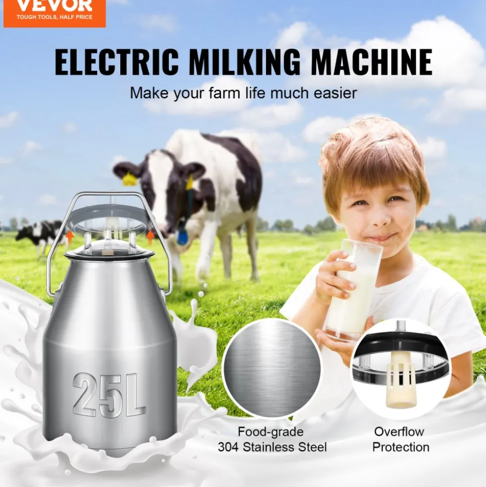 VEVOR Electric Cow Milking Machine, 6.6 Gal / 25 L 304 Stainless Steel Bucket, Automatic Pulsation Vacuum Milker, Portable Milker with Food-grade Silicone Cups and Tubes, Adjustable Pressure