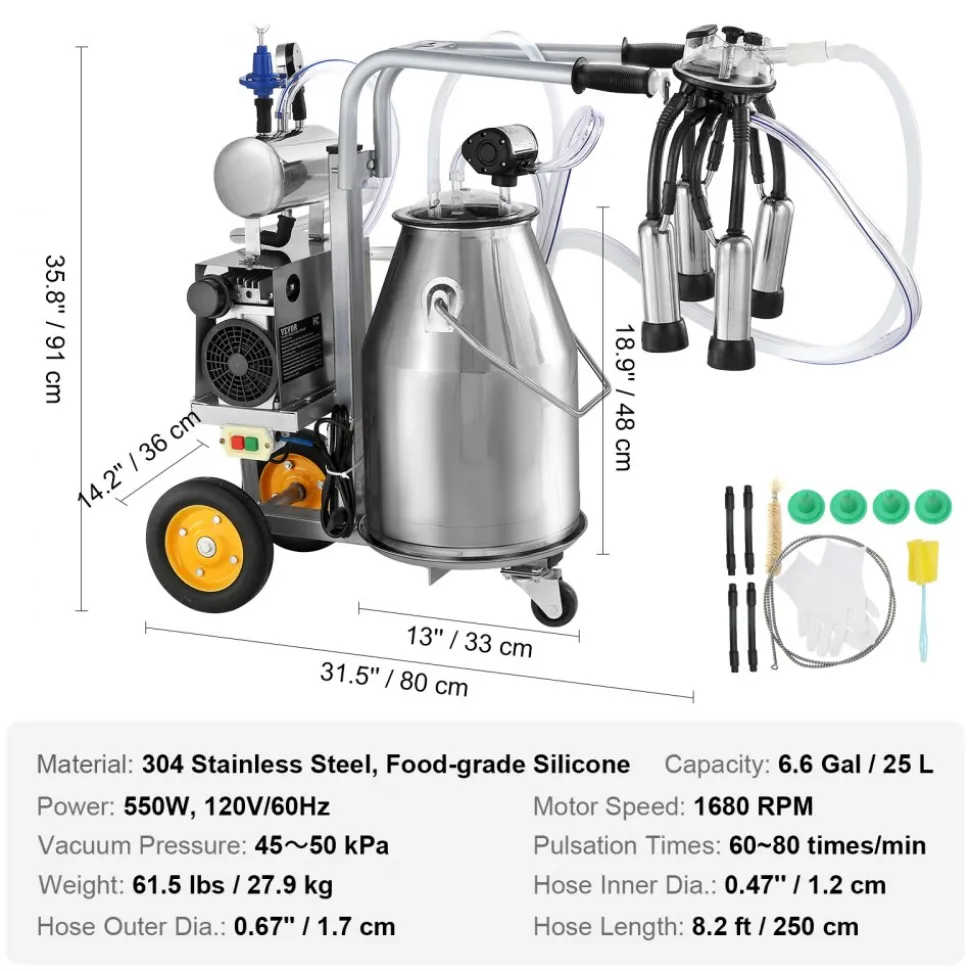 VEVOR Electric Cow Milking Machine, 6.6 Gal / 25 L 304 Stainless Steel Bucket, Automatic Pulsation Vacuum Milker, Portable Milker with Food-grade Silicone Cups and Tubes, Adjustable Pressure