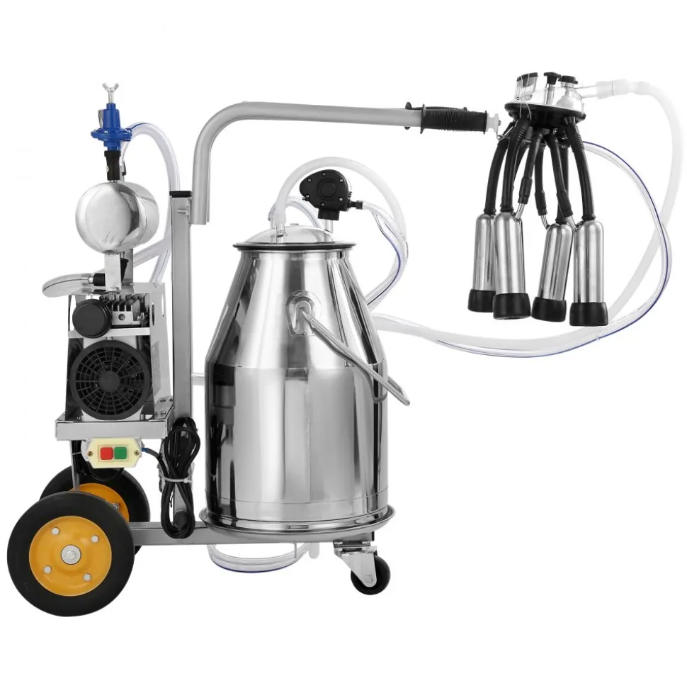 VEVOR Electric Cow Milking Machine, 6.6 Gal / 25 L 304 Stainless Steel Bucket, Automatic Pulsation Vacuum Milker, Portable Milker with Food-grade Silicone Cups and Tubes, Adjustable Pressure