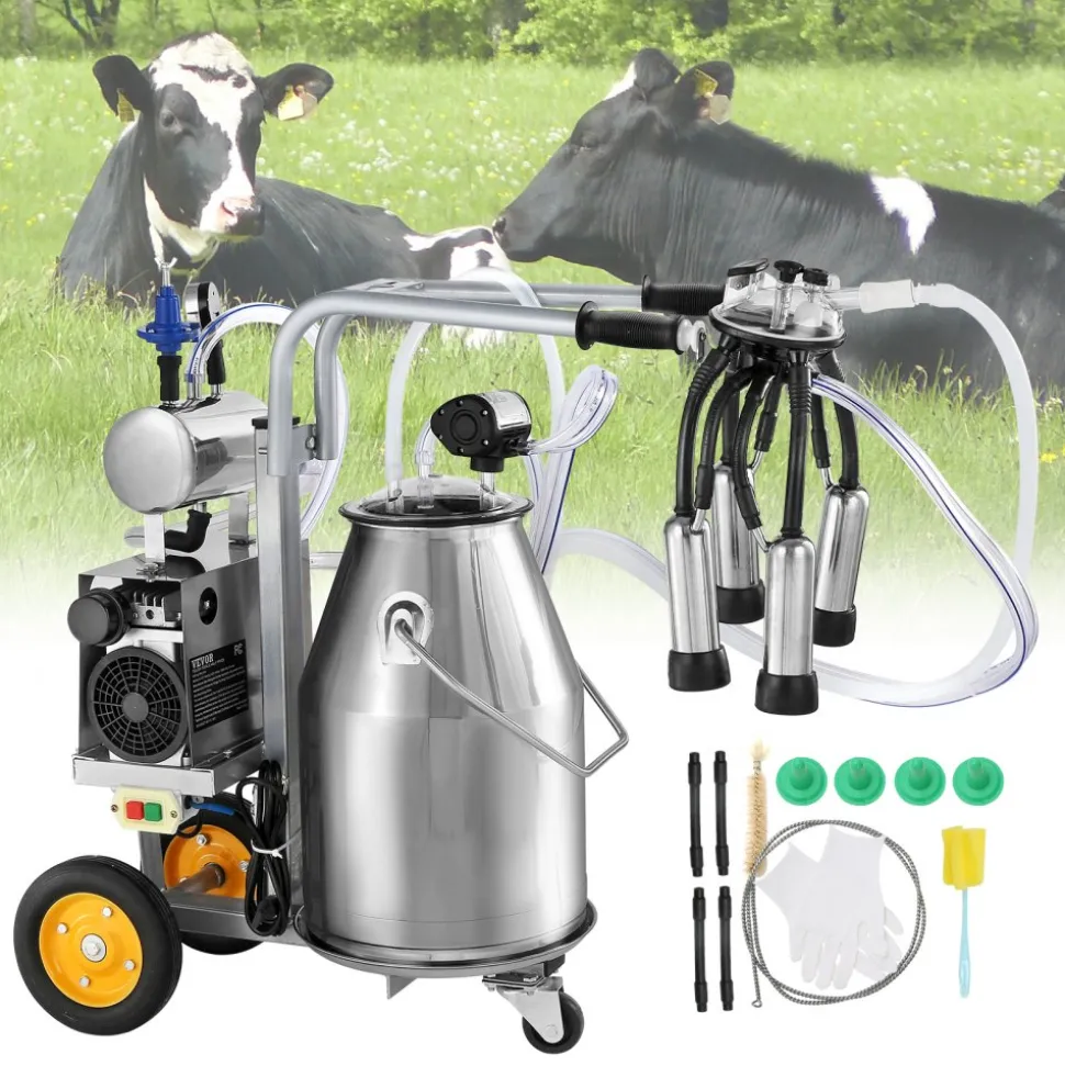 VEVOR Electric Cow Milking Machine, 6.6 Gal / 25 L 304 Stainless Steel Bucket, Automatic Pulsation Vacuum Milker, Portable Milker with Food-grade Silicone Cups and Tubes, Adjustable Pressure