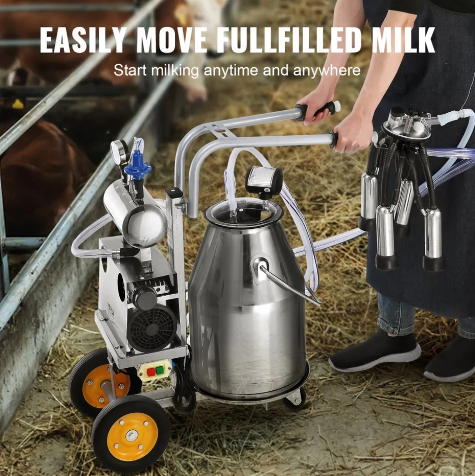 VEVOR Electric Cow Milking Machine, 6.6 Gal / 25 L 304 Stainless Steel Bucket, Automatic Pulsation Vacuum Milker, Portable Milker with Food-grade Silicone Cups and Tubes, Adjustable Pressure